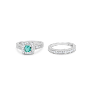 Two Piece Vintage Style Wedding Ring Simulated Paraiba Tourmaline CZ 925 Sterling Silver